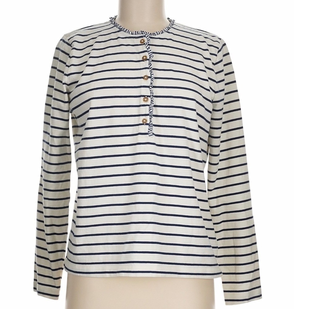 J.Crew Womens Striped Ivory Ruffle Henley Long Sleeve Cotton Top Size M